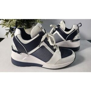 Michael Kors Wedge Sneakers Navy White‎ Leather Accents Size 5.5